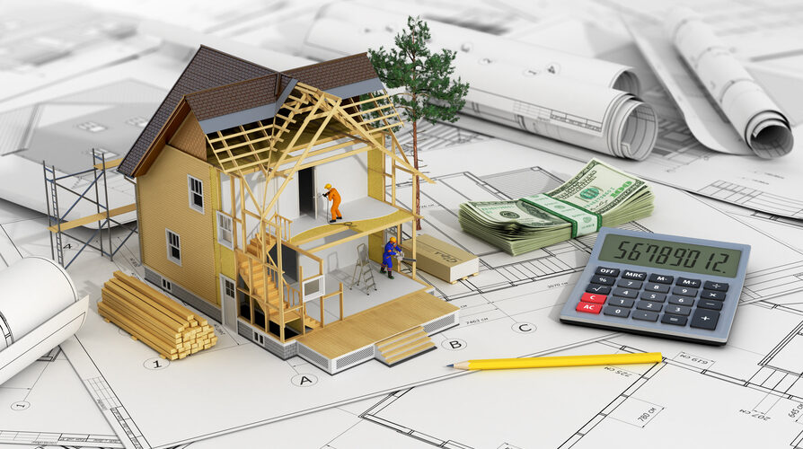 Concept of construction and architect design. 3d render of house in building process with tree, calculator and pencils on the blurred blueprints. We see constituents of roof frame and insulation layer.